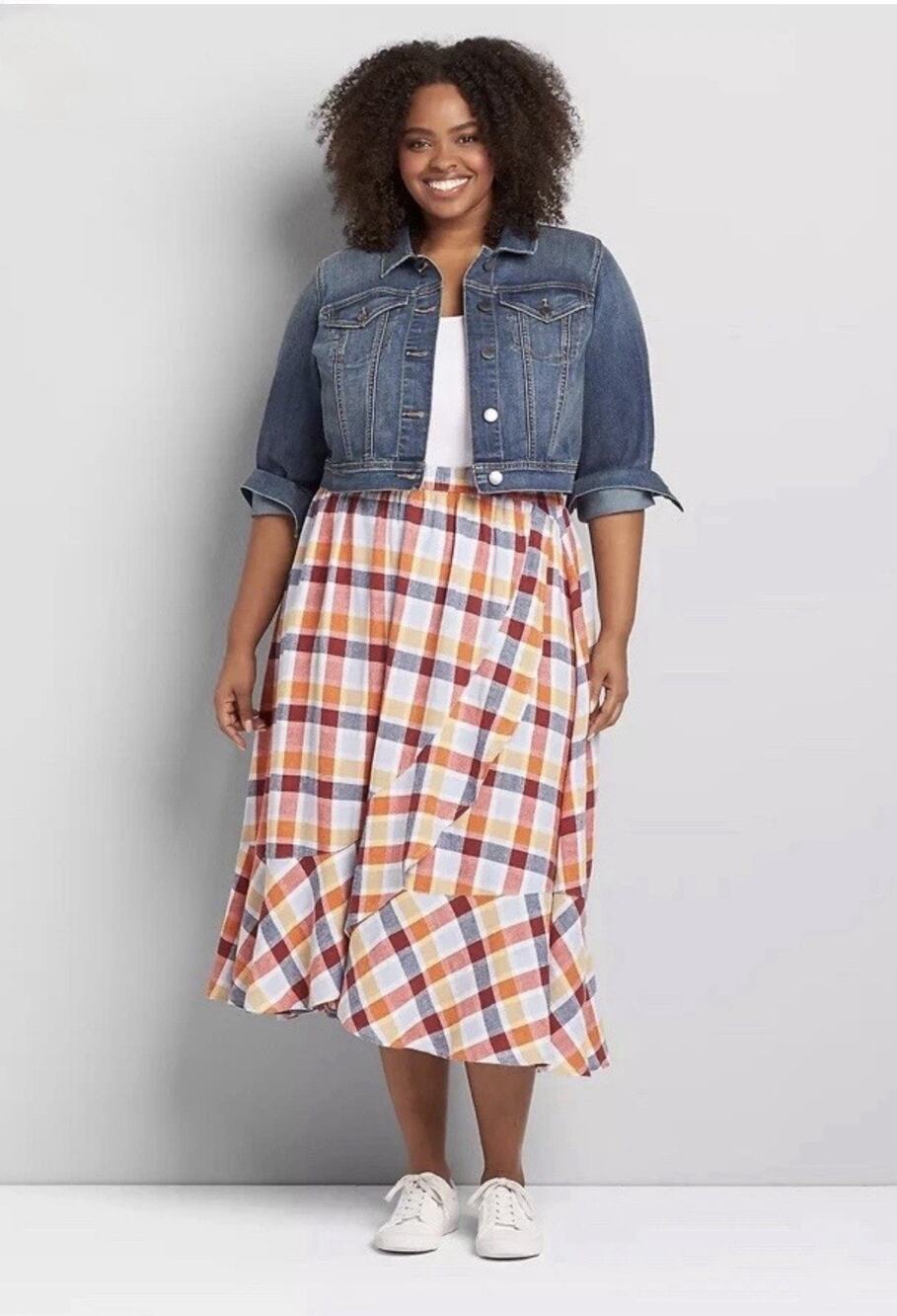 Lane Bryant Faux-Wrap Ruffle A-Line Skirt Size 18/20 Soiree Plaid Linen Blend